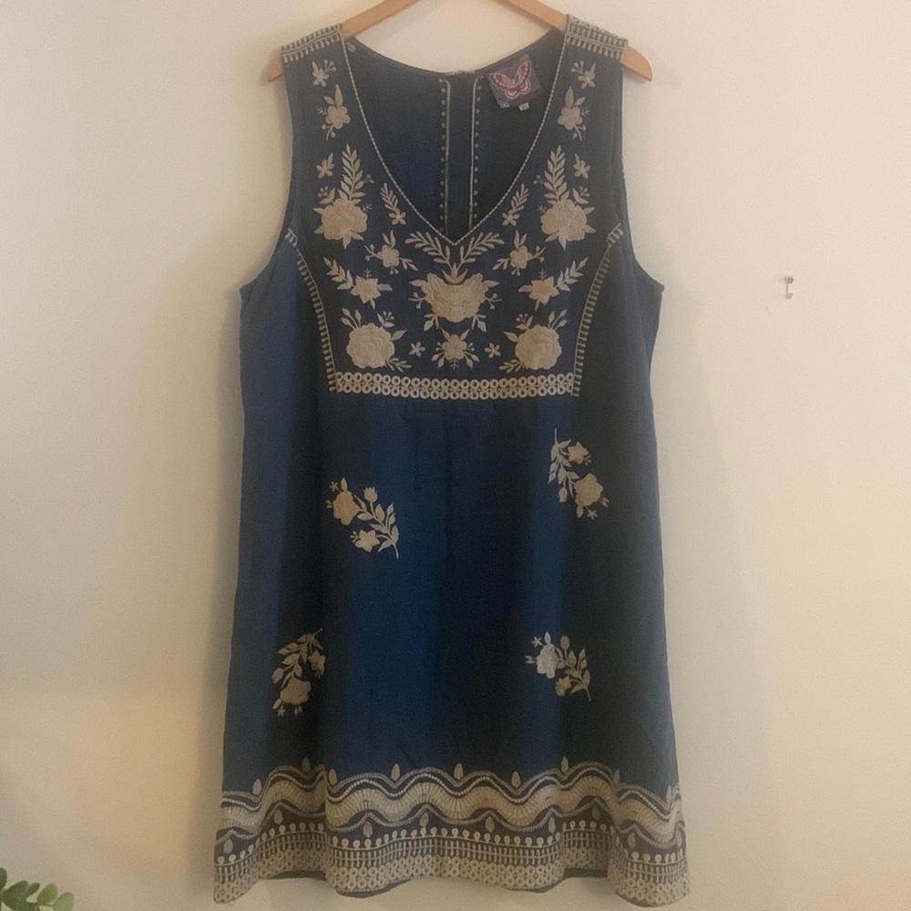 Johnny Was Blue and Cream Embroidered Dress